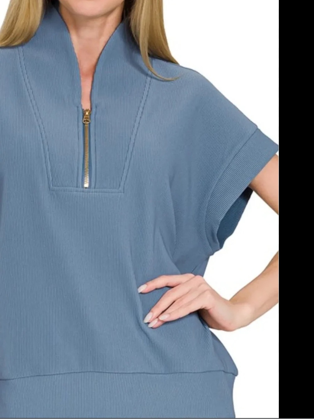 NWT Zenana Outfitters Brown Ribbed Short-Sleeve Zip-Neck Ribbed Top Oversized S